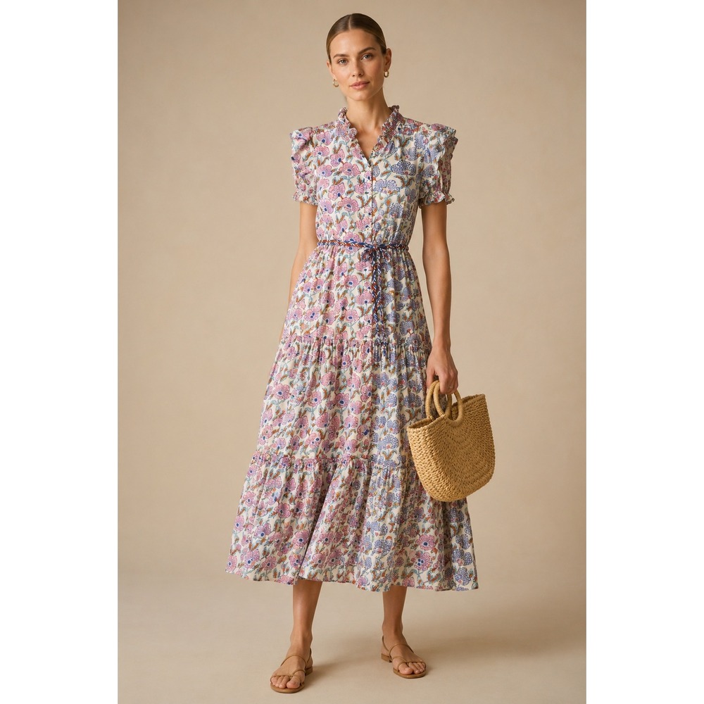 Oliphant Lucia Mixed Media Maxi Dress Sz S Cotton Floral Boho Cottage Coastal